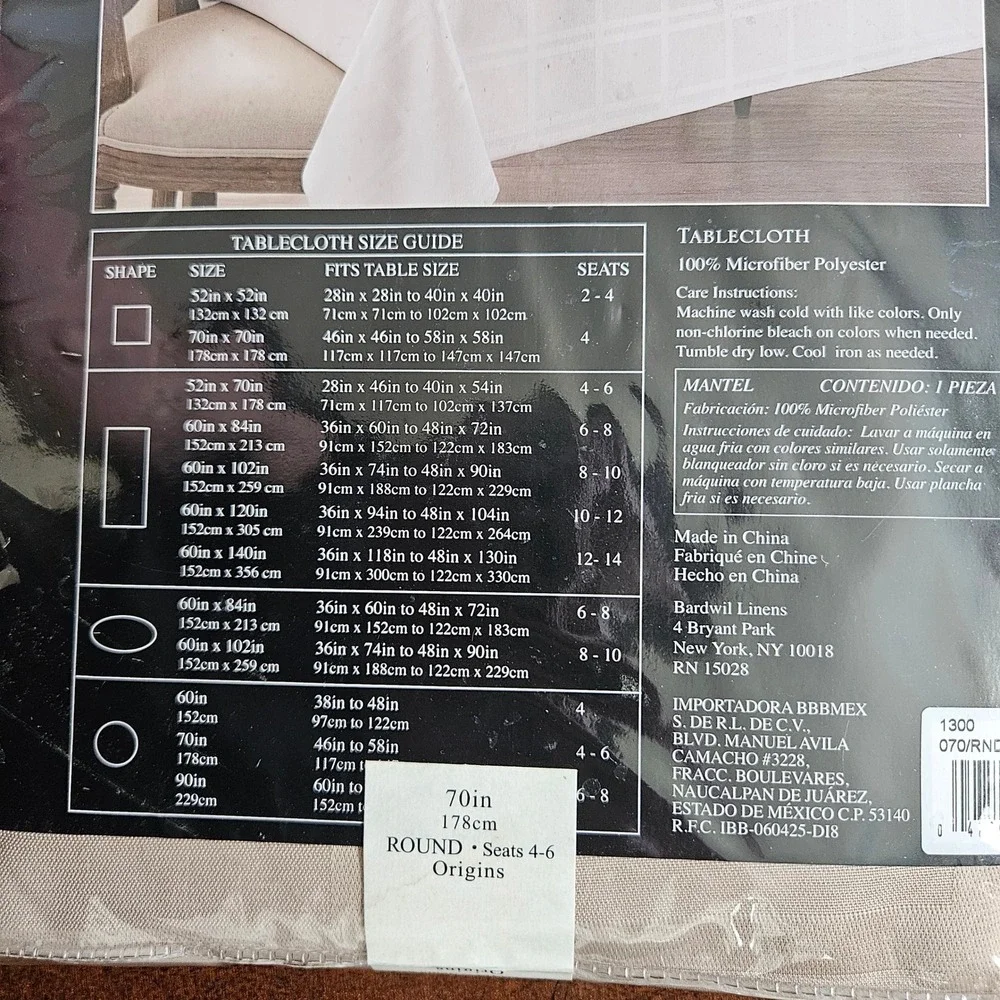 Origins Microfiber Tablecloth 70in Round Beige Spill Proof Grid Pattern NEW